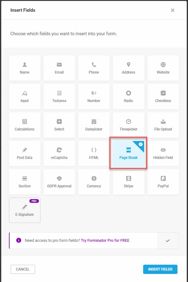 Forminator: Page Break Field