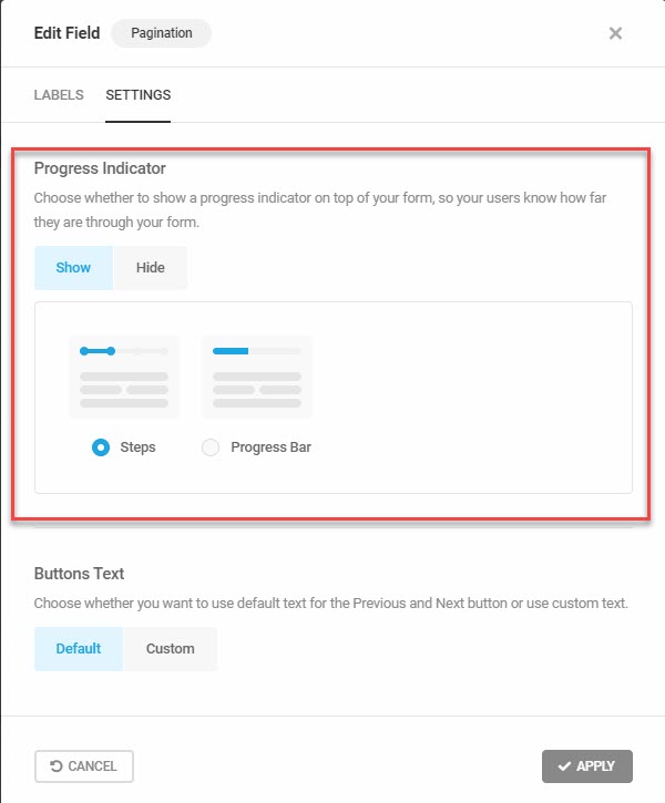 Forminator: Pagination Steps Settings
